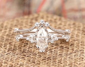 Conjunto de anillos de boda apilables, conjunto de anillos de plata de ley, regalo de cumpleaños de Navidad, conjunto nupcial Art Déco, anillo único, anillo de compromiso de oro blanco de 10 k