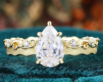 Pear Cut Moissanite Engagement Ring, Vintage Filigree Scrollwork Yellow Gold Band, Handmade Art Deco Bridal Promise Ring, Unique Leaf Ring