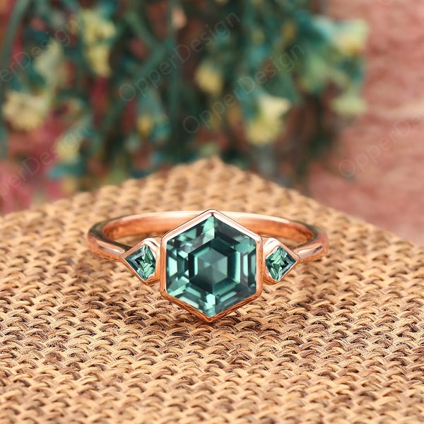 Vintage Blue-Green Sapphire Engagement Ring, 14K Gold Hexagon Cut Anniversary Rings,Bezel Set Promise Silver Ring,Teal Sapphire Ladies' Ring