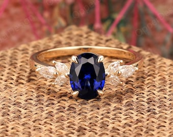 Oval Cut 6x8mm Sapphire Wedding Ring, 14K Rose Gold Sapphire Ring, Blue Gemstone Engagement Ring, Minimalist Ring,Women Ring Vintage Jewelry