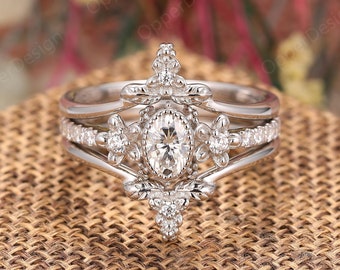 Einzigartige Ehering Set, Oval Cut 4x6mm Moissanite Ring, Vintage Stil Verlobungsring, solider 14K Goldring, Versprechen Stack Ring, Braut Sets