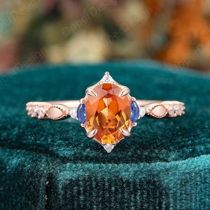 Natural Orange Garnet Wedding Ring For Women, 14k Rose Gold Garnet Ring, Oval Cut 6x8mm Orange Garnet Ring, Vintage Promise Anniversary Ring