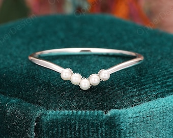 Anel de casamento com pérola natural, anel de aniversário em ouro maciço 14k, aliança de noivado com pérola, anel de noivado para usar em conjunto com outros anéis, anel feminino para uso diário, presente para ela.