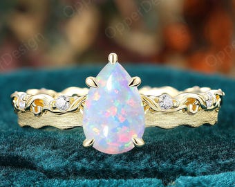 Minimalist Pear Cut 6x9mm White Opal Engagement Ring, Filigree Scrollwork Yellow Gold Band, Leaf Vine Birthstone Opal Bridal Ring, Prong Set