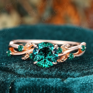 Emerald Branch Design Women Ring, Unique Leaf Twist Wedding Ring, Rose Gold Anniversary Ring Gift, Round Cut 6.5mm Emerald Engagement Ring