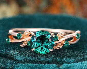 Emerald Branch Design Women Ring, Unique Leaf Twist Wedding Ring, Rose Gold Anniversary Ring Gift, Round Cut 6.5mm Emerald Engagement Ring