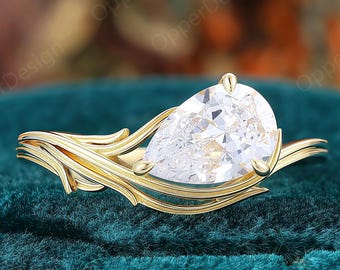 Pear Shaped 6x9mm Moissanite Engagement Ring, Yellow Gold Twisted Vine Leaf Ring,Handmade Nature Inspired Promise Ring For Women,Dainty Ring