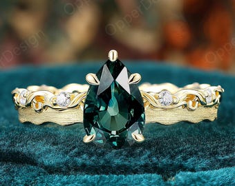 Art Deco Pear Teal Sapphire Wedding Ring, Ornate Filigree Scrollwork Yellow Gold Band, Vintage Leaf Stacking Full Eternity Anniversary Ring