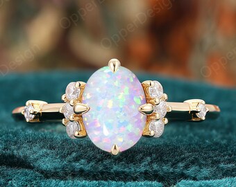 Dainty Solid 14k Gold Oval Lab Opal Ring, Minimalist Promise Ring, Oval Cut 6x8mm Opal Engagement Ring, Stacking Diamond Anniverseary Ring