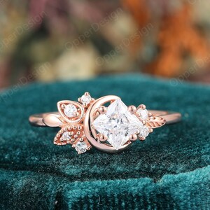 Princess Cut 5x5mm Moissanite Wedding Ring, Cluster Diamond Ring, 14k Rose Gold Moon Ring, Stackbale Ring, Personalized Bridal Women Ring