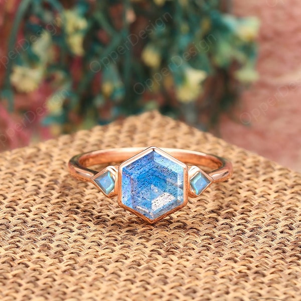 Minimalist Hexagon Cut 7mm Labradoirte Ring,10K Rose Gold Wedding Ring,Three Gemstone Anniversary Ring, Blue Labradorite Promise Ring Silver
