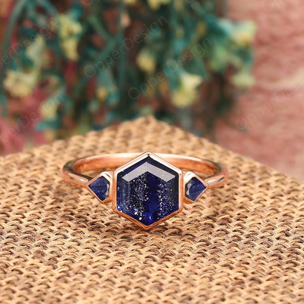 Unique Galaxy Hexagon Cut 7mm Blue Sandstone Engagement Ring, Blue Sandstone Wedding Ring, Vintage 14k Rose Gold Ring, Unique Bezel Set Ring