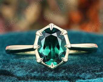 Vintage Emerald Engagement Ring Yellow Gold Ring, Dainty Solitaire Birthstone Emerald Ring For Women, Minimalist Promise Anniversary Gift