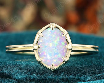 Minimalist Oval Cut Opal Engagement Yellow Gold Ring, Vintage Prong Set October Birthstone Opal Wedding Ring, Dainty Anniversary Ring Gift