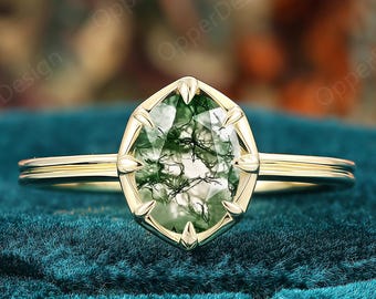 Oval Cut 6xx8mm Moss Agate Engagement Ring, Personalized Solitaire Green Agate Ring, Nature Inspired Promise Ring For Women, Vintage Ring