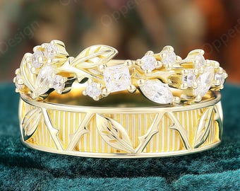 2PCS Nature Inspired Rings, Moissanite Couple Ring Set, Nature Leaf Twig Stacking Engagement Ring for Her, Carved Leaf Wedding Band for Him