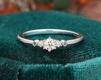 Art Deco Moissanite Ring Silver, Engagement Ring 10k Solid Gold, Unique Design Ring, 3.5mm Round Moissanite Wedding Ring,Promise Ring Silver