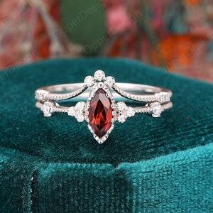 Bridal Set, Marquise Cut 4x8mm Garnet Ring, Garnet Bridal Set, Unique Matching Ring, Stacking Wedding Ring Set, White Gold Engagement Ring