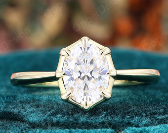 Solitaire Oval Moissanite Engagement Ring, Sleek Yellow Gold Band, Vintage Minimalist Handmade Promise Ring For Women, Dainty Proposal Ring