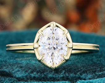 Oval Cut 6x8mm Moissanite Engagement Ring, 14k Yellow Gold Engraved Ring, Handmade Solitaire Diamond Promise Ring For Women, Unique Ring
