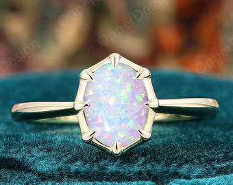 Oval Opal Solitaire Engagement Ring, Octagonal Bezel Setting, Sleek Yellow Gold Band, Vintage Minimalist Handmade Promise Ring For Women