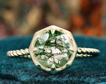 Round Nature Inspired Moss Agate Engagement Ring, Solitaire Green Agate Proposal Ring, Twisted Rope Band, Antique Women Anniversary Ring