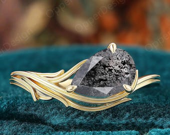 14K Gold Pear Cut Salt and Pepper Diamond Engagement Ring, Stacking Herkimer Diamond Wedding Promise Ring, Unique Leaf Branch Bridal Ring