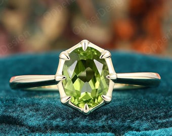 Oval Nature Inpsired Peridot Engagement Ring, Minimalist Green Crystal Bezel Prong Set Ring, Unique Women Promise Ring, Sleek Handmade Ring