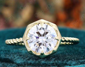 Round Moissanite Solitaire Engagement Ring, Hexagonal Floral Bezel Setting, Twisted Rope Yellow Gold Band, Vintage  Women Promise Ring Gift