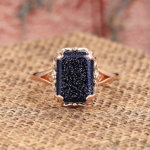 Vintage Blue Sandstone Engagement Ring, Unique 14k Rose Gold Wedding Ring, Handmade Bridal Ring, Anniversary Ring,Dainty Blue Sandstone Ring