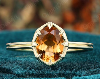 Oval Shape 6x8mm Citrine Solitaire Engagement Ring, Geometric Frame Double Band Ring, Unique Anniversary Ring For Her, Personalized Gift