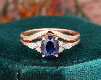 Minimalist Wedding Ring Set, 14k Rose Gold Handmade Bridal Set, Unique Sapphire Ring Set, Vintage Engagement Ring Set,Women Wedding Ring Set