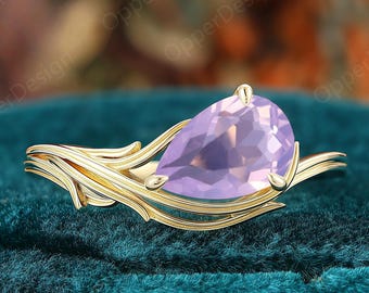 Nature Inspired Lavender Amethyst Engagement Ring, Pear Cut 6x9mm Amethyst Ring,Unique Twisted Leaf Design Wedding Ring,Birthstone Gems Ring