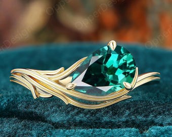 Pear Cut Emerald Engagement Yellow Gold Ring, Stacking Leaf Twig Wedding Band, Personalized Anniversary Ring Gift, Solitaire Emerald Ring