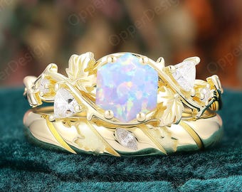 2PCS Hexagon Opal Couple Ring Set, Nature Inspired Leaf Engagement Ring, 14K Gold Opal Wedding Band, His and Hers Matching Promise Rings