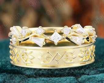 Moissanite Couple Ring Set, Viking Rune Wedding Band for Men, Twig Branch Stacking Engagement Ring for Women, 2PCS Yellow Gold Promise Rings