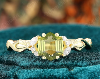 Natural Peridot 925 Sterling Silver Ring, 14K Gold Hexagon Cut Ring, Minimalist Birthstone Peridot Engagement RING, Leaf Cross Branch Band
