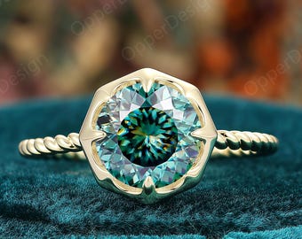 Portuguese‑Cut Blue Green Moissanite Solitaire Engagement Ring, Hexagonal Floral Bezel Setting, Twisted Rope Wedding Ring, Miniamlsit Ring