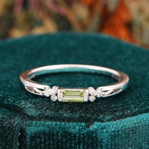 Natural Peridot Wedding Ring, Minimalist Gemstone Ring, 14k White Gold Ring, Baguette Shape Peridot Engagement Ring, Delicate Promise Ring