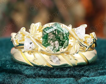 Forest Hexagon 6mm Moss Agate Engagement Ring For Her, Enchanted Leaf Branch Wedding Band For Him, Unique Nature Promise Rings for Couple