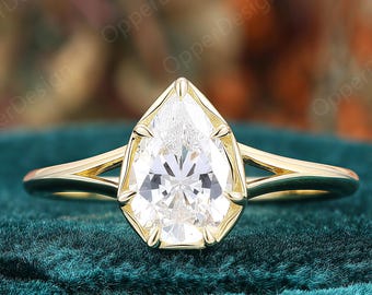 Pear Shaped Moissanite Engagement Ring, Yellow Gold Split Shank Wedding Ring, Handmade Solitaire Promise Ring For Women, Prongs Setting Ring