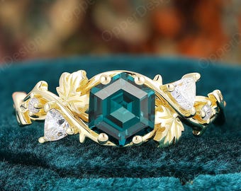 Hexagon 6mm Teal Sapphire Engagement Ring, Nature Inspired Leaf Branch Ring, 14K Gold Teal Blue Sapphire Promise Ring, Unique Ring For Women