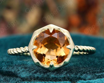 Vintage Hexagonal Floral Bezel Ring, Solitaire Round Citrine Engagement Ring, Twisted Rope Band, Unique Antique Inspired Ring, Gift For Her