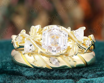 Hexagonal Cut Moissanite Nature Vine Women's Wedding Ring, Gold Leaf Twig Men's Wedding Bands, Unique Leaf Branch Couple Rings, His And Hers