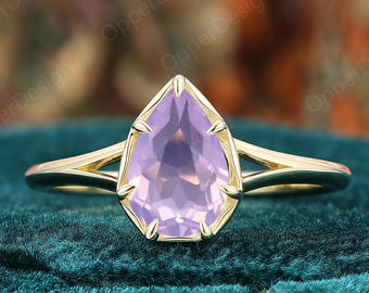 Teardrop Nature Inspired Lavender Amethyst Ring, Vintage Split Shank Band, Solitaire Amethyst Wedding Ring,Unique Prong Setting Promise Ring