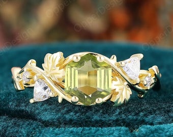 Hexagon Cut Nature Inspired Peridot Engagement Ring, 14k Gold Leaf Branch Ring, Dainty Promise Ring, Peridot Anniversary Ring Gift For Her