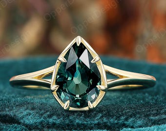 Vintage Pear Cut 6x9mm Teal Sapphire Engagement Ring, Unique Split Shank Solitaire Wedding Ring, Birthstone Sapphire Jewelry, Antique Ring