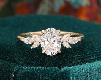 1.5CT Oval Cut 6x8mm Moissanite Wedding Ring, Cluster Engagement Ring, Women&#39;s Promise Ring, Minimalist Gold Ring, Anniversary Delicate Ring