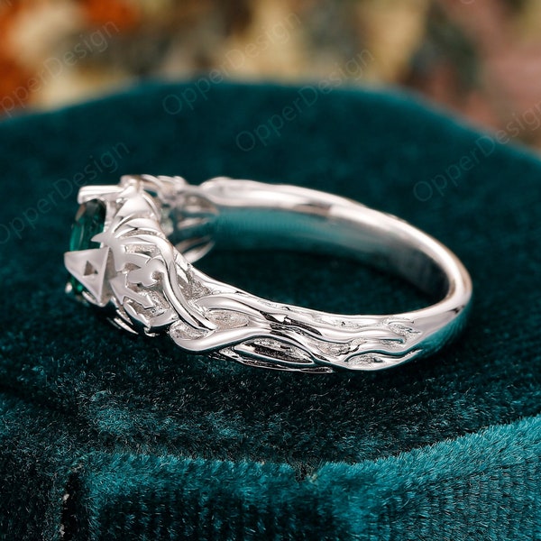 Zelda Engagement Ring, Round Cut 6mm Emerald Ring, Emerald Wedding Ring, Vintage Ring, Silver Ring For Women, Art Deco Ring,Branch Band Ring