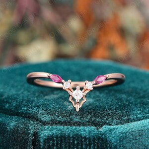 Delicate Design Wedding Band, Ruby Wedding Ring, Vintage Matching Band, Unique Band, Antique Anniversary Ring Band, Moissanite Ring Band Her